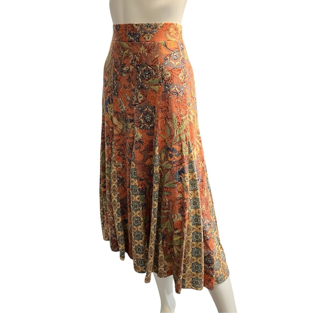 Coldwater Creek Skirt Fall Floral Patchwork Midi L Pull On Elastic Waist Earthy
